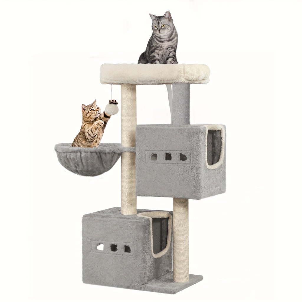 Hzuaneri 98cm Cat Scratching Post, Cat Tree, Kitten Scratching Post, Multi-layer Cat Scratching Post with Perches, Cat House Furniture with 2 Caves, Hemp Cat Scratching Post, Hammock, Cave, Dark Gray/Light Gray