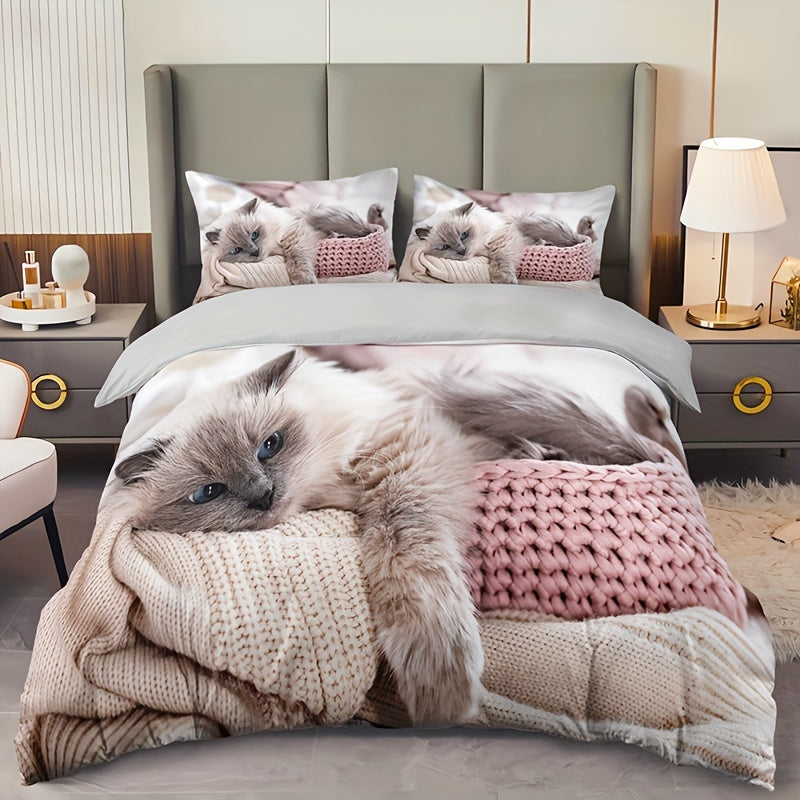 3-Piece Cat Print Bedding Set - 1 Duvet Cover & 2 Pillowcases, Breathable Polyester, Machine Washable, All-Season Comfort