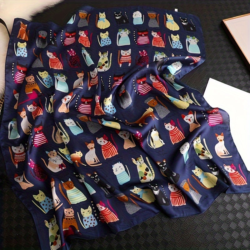 Cartoon Cat Pattern Polyester Square Scarf for Women, Cute Style, Decorative & Windproof, Breathable, Non-Elastic, with Hand Wash/Dry Clean for Parties