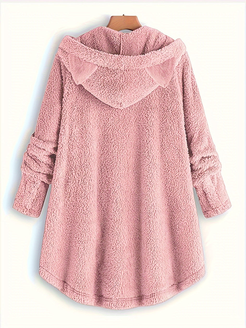 Cat Print Dipped Hem Plush Hoodie, Casual Long Sleeve Button Hoodie Sweatshirt, Women's Clothing