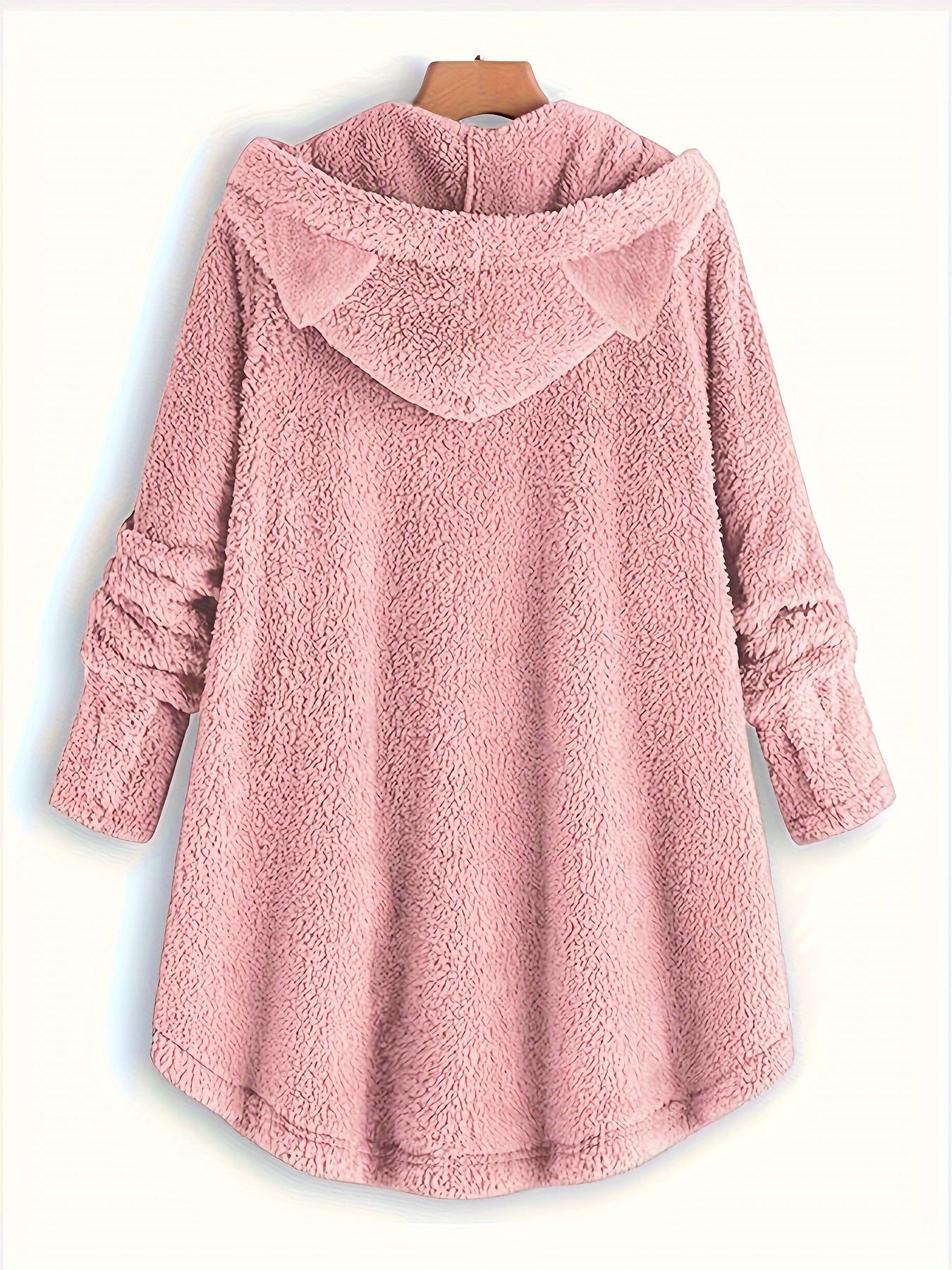 Cat Print Dipped Hem Plush Hoodie, Casual Long Sleeve Button Hoodie Sweatshirt, Women's Clothing