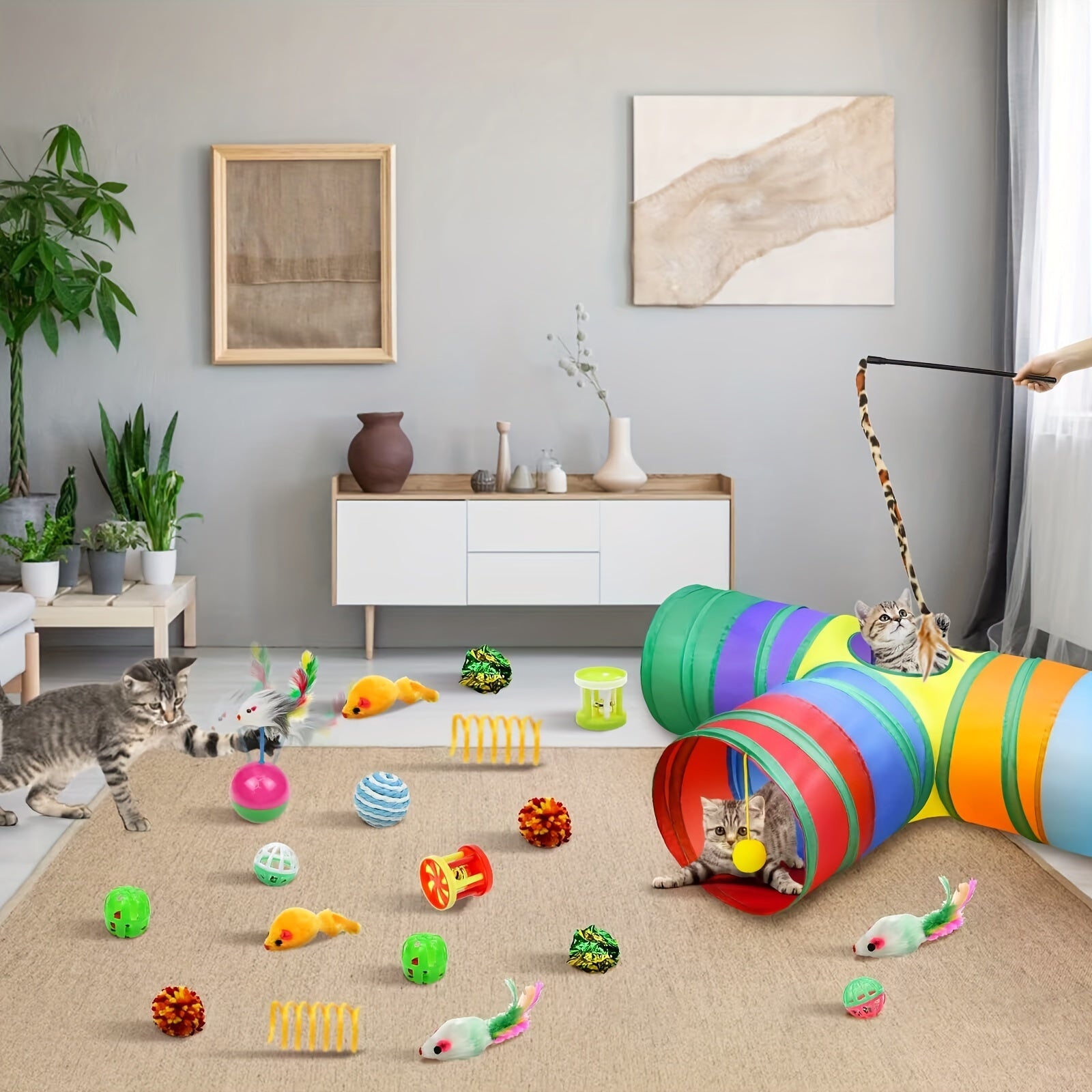 21pcs Part Random Colors Cat Toys Kitten Toys Set, Collapsible Cat Tunnels For Indoor Cats, Interactive Kitty Toys Cat Feather Toy Fluffy Mouse Crinkle Balls Cat 3 Way Tube Tunnel Toys For Cat