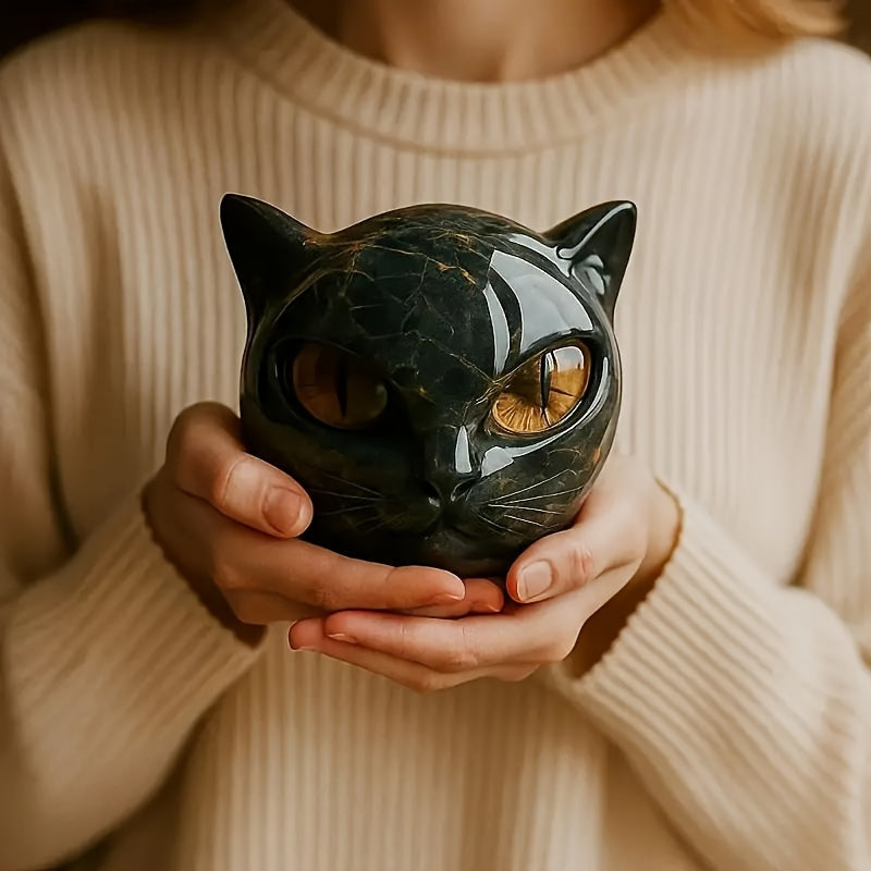 1pc Hand-Carved Resin Black Cat Stone Sculpture - Elegant Marble-Like Texture with Golden Marble Eyes, Intricate Feline Face & Expressive Eyes, Mini Cat Figurine for Home Decor, Gift for Cat Lovers (No Electricity Needed) - D