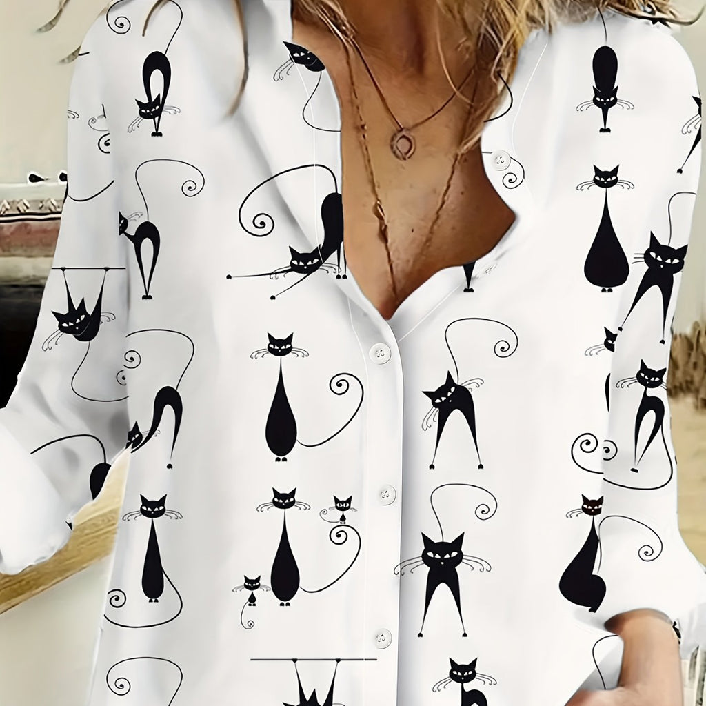 Cute Cat Print Button Front Shirt, Casual Lapel Long Sleeve Shirt, Women's Clothing