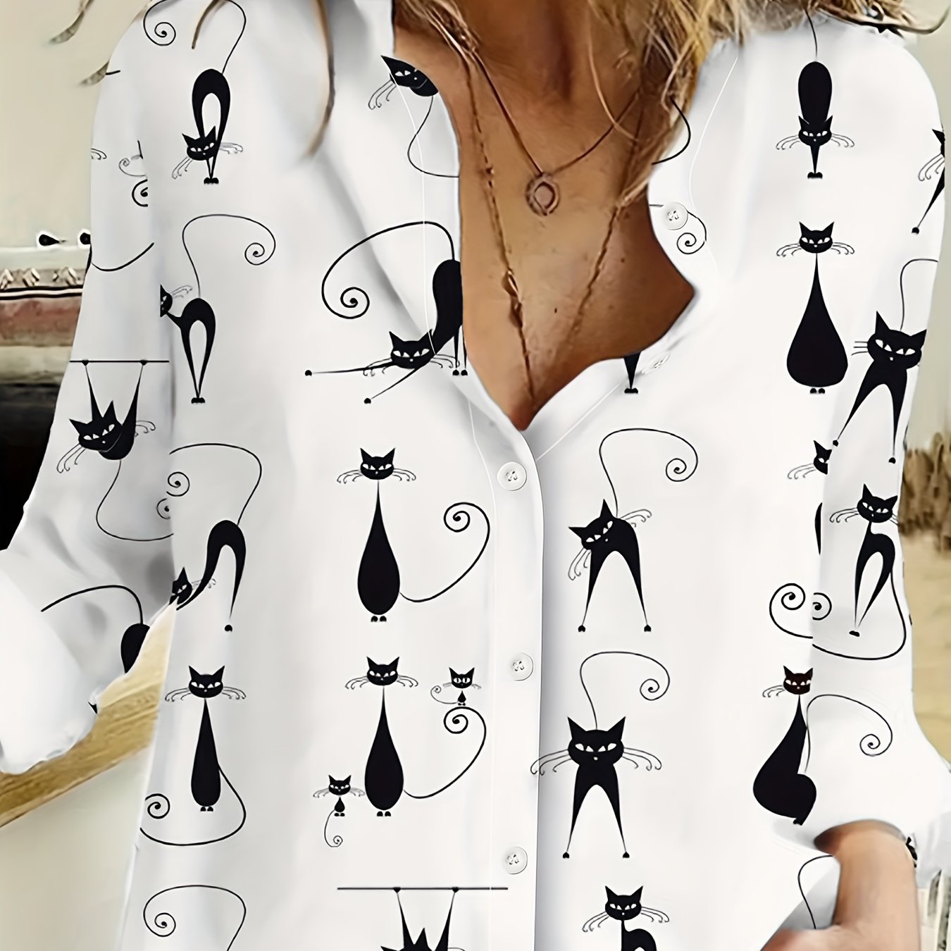 Cute Cat Print Button Front Shirt, Casual Lapel Long Sleeve Shirt, Women's Clothing