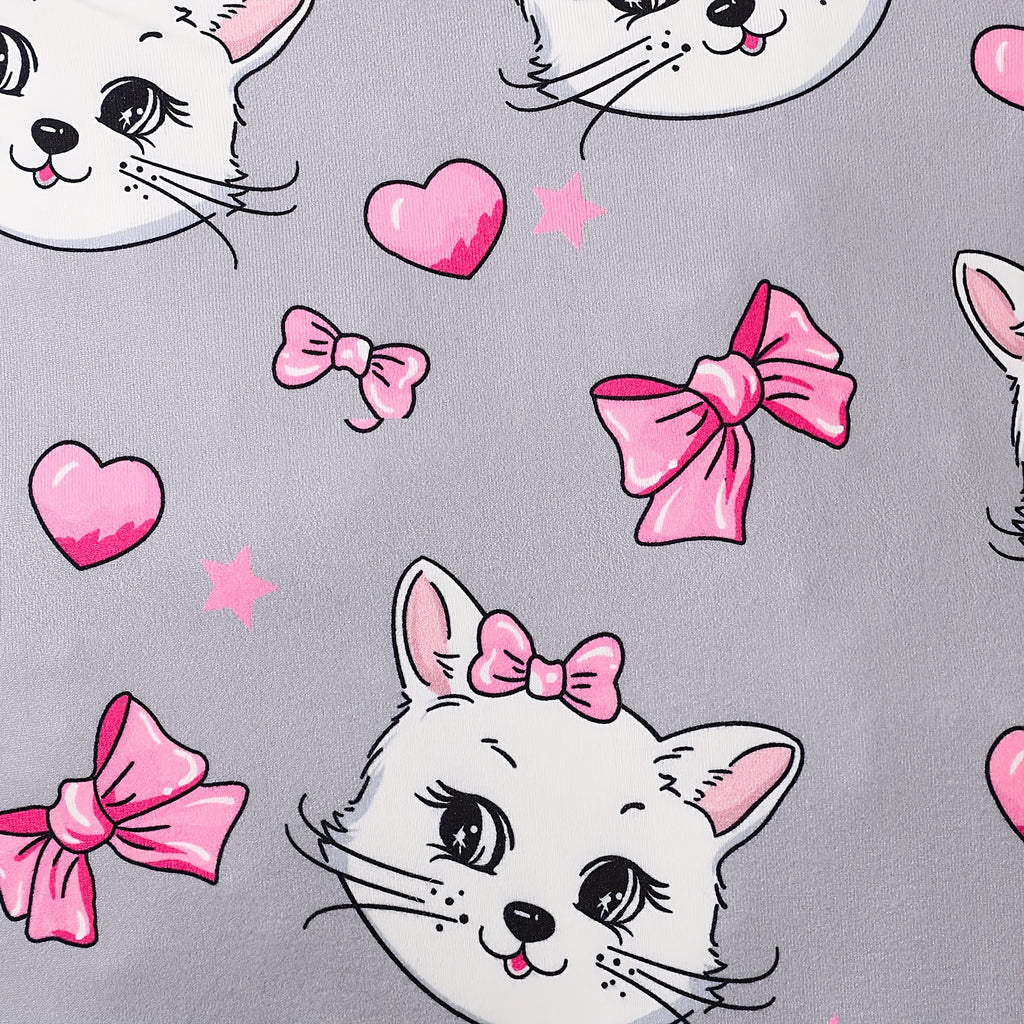 Newborn Baby Girls Cute Cartoon Cat Print Short-sleeved Comfortable Jumpsuit With Bow Headband Baby Summer Clothing