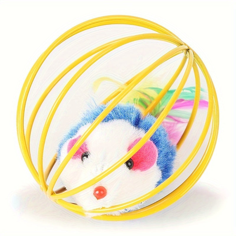 Interactive Pet Cat Ball Cage Toy With Simulated Plush Mouse Inside, Caged Rat Scratch Ball Kitten Gifts - Assorted Color