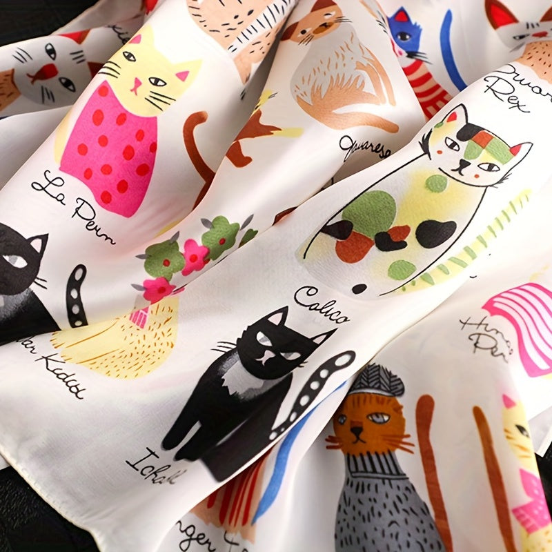 Cartoon Cat Pattern Polyester Square Scarf for Women, Cute Style, Decorative & Windproof, Breathable, Non-Elastic, with Hand Wash/Dry Clean for Parties