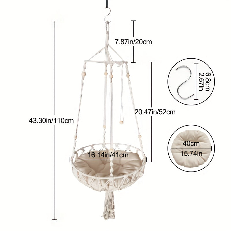 [Elegant Cat Hammock Basket] Handmade Woven Cat Hammock Basket - 1pc Soft All-Season Pet Swing with Checkered Cushion, Light Beige-Friendly Design, Easy Assembly for Indoor/Outdoor Use, Perfect Halloween Gift for Cats & Small