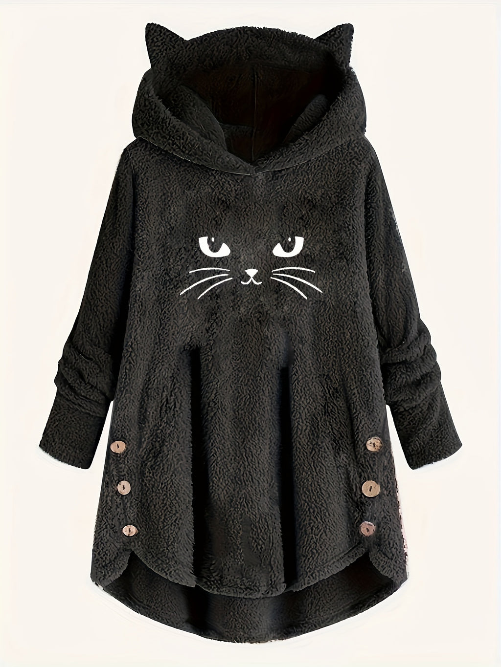 Cat Print Dipped Hem Plush Hoodie, Casual Long Sleeve Button Hoodie Sweatshirt, Women's Clothing