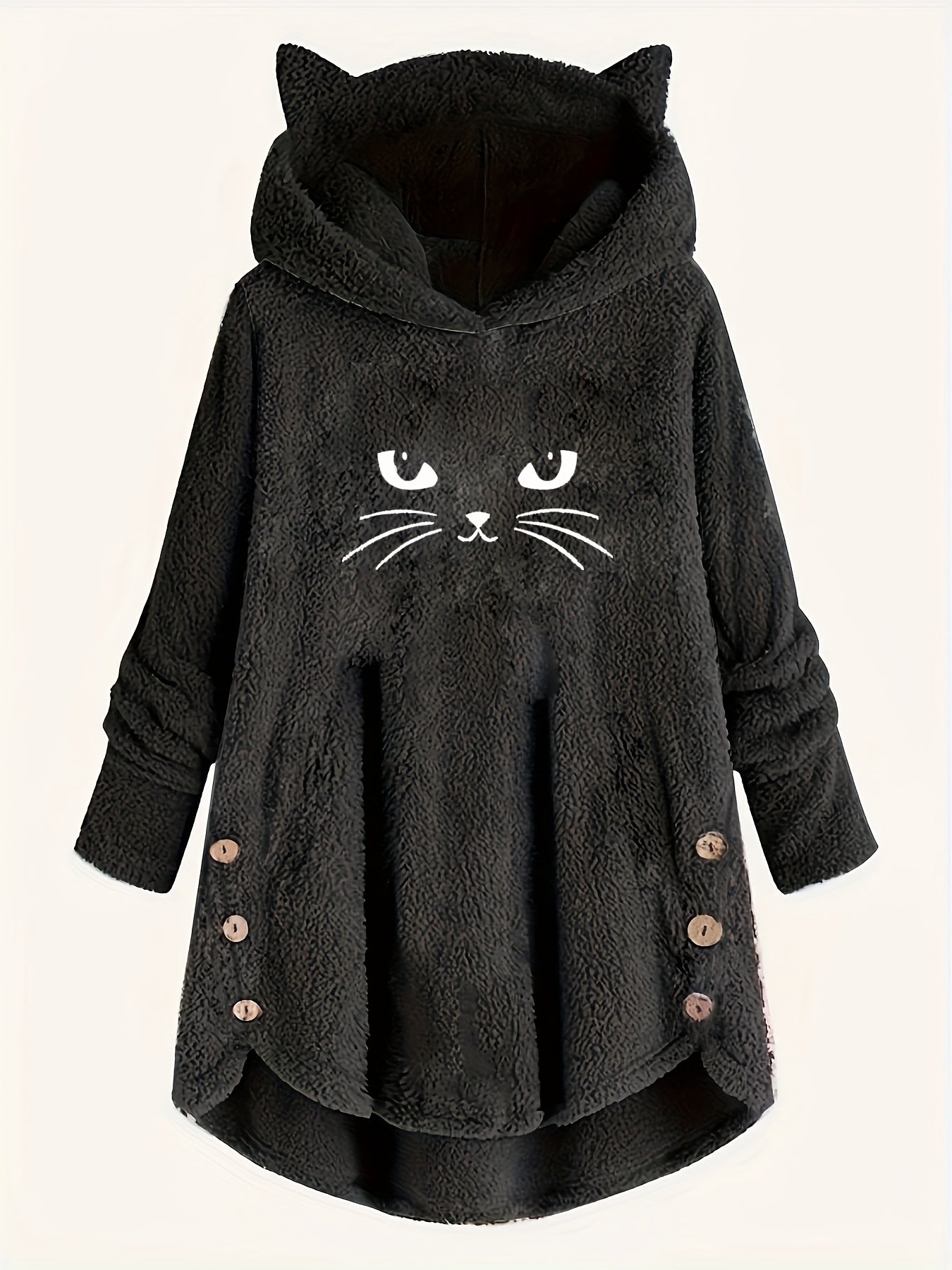 Cat Print Dipped Hem Plush Hoodie, Casual Long Sleeve Button Hoodie Sweatshirt, Women's Clothing