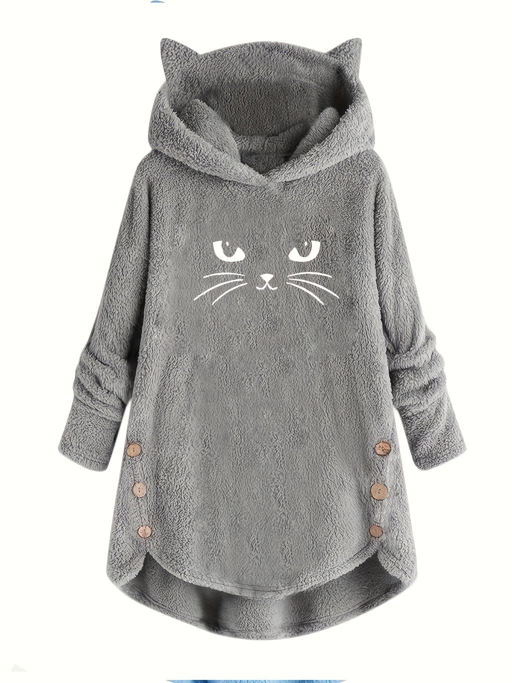 Cat Print Dipped Hem Plush Hoodie, Casual Long Sleeve Button Hoodie Sweatshirt, Women's Clothing