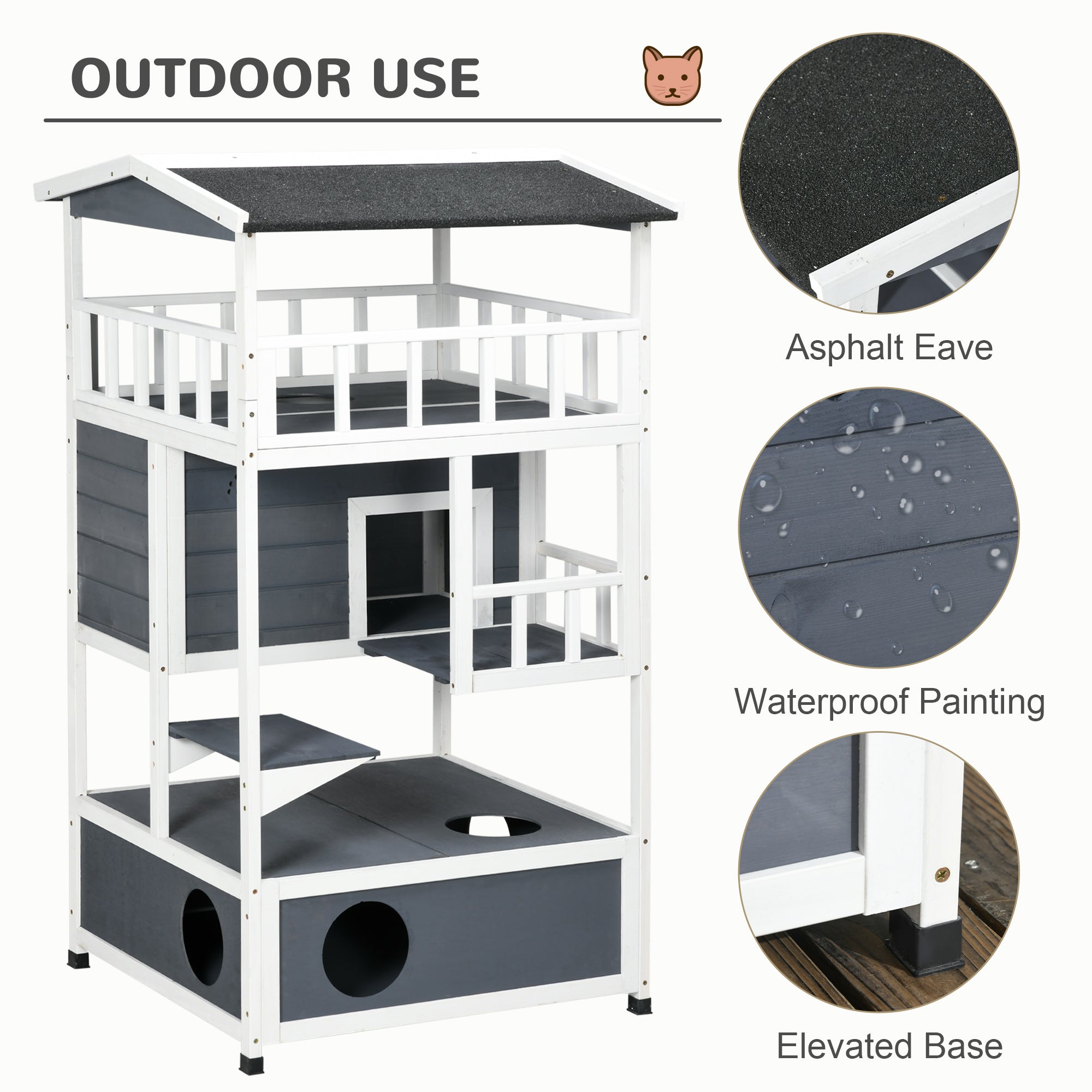 Wooden Outdoor Cat House 3-Tier for Winter Kitten Shelter Lodge w/ Tilted Roof Terrace Jump Step Bottom Tray Elevated Base Waterproof Paint