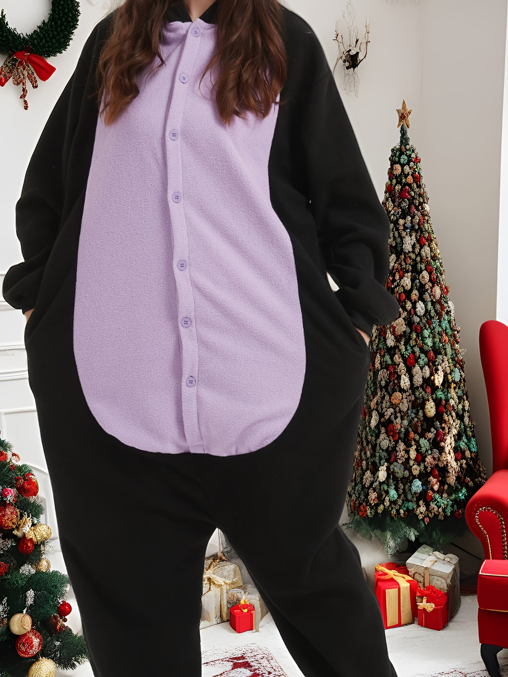 Adult Fleece Christmas Onesie, Long Sleeve Cat Romper with Crew Neck and Button Details, 100% Polyester Knit Fabric, Solid Color Party Costume for Men and Women, Winter Season