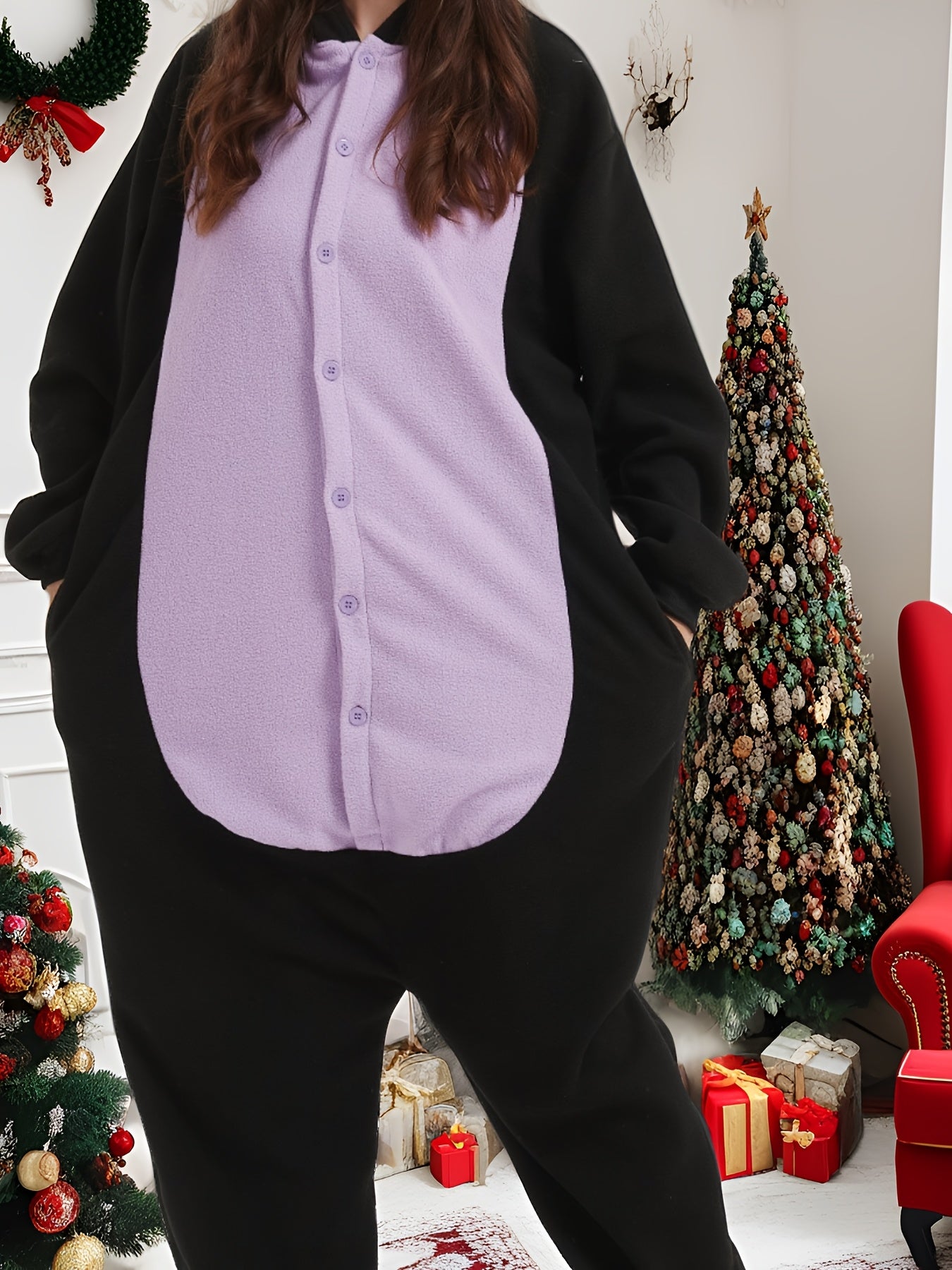 Adult Fleece Christmas Onesie, Long Sleeve Cat Romper with Crew Neck and Button Details, 100% Polyester Knit Fabric, Solid Color Party Costume for Men and Women, Winter Season