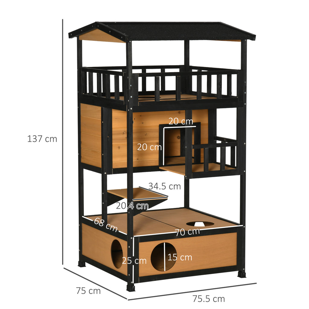 Wooden Outdoor Cat House 3-Tier for Winter Kitten Shelter Lodge w/ Tilted Roof Terrace Jump Step Bottom Tray Elevated Base Waterproof Paint