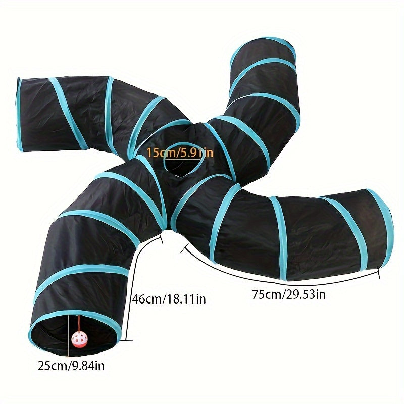 Large Collapsible Cat Tunnel with Play Ball & Interactive Peek Holes - Multi-Level Tunnel System for Indoor Cats, Kittens, Small Dogs - Heavy-Duty Tube with Blue Piping, Portable Hideout for Play & (Easy Assembly