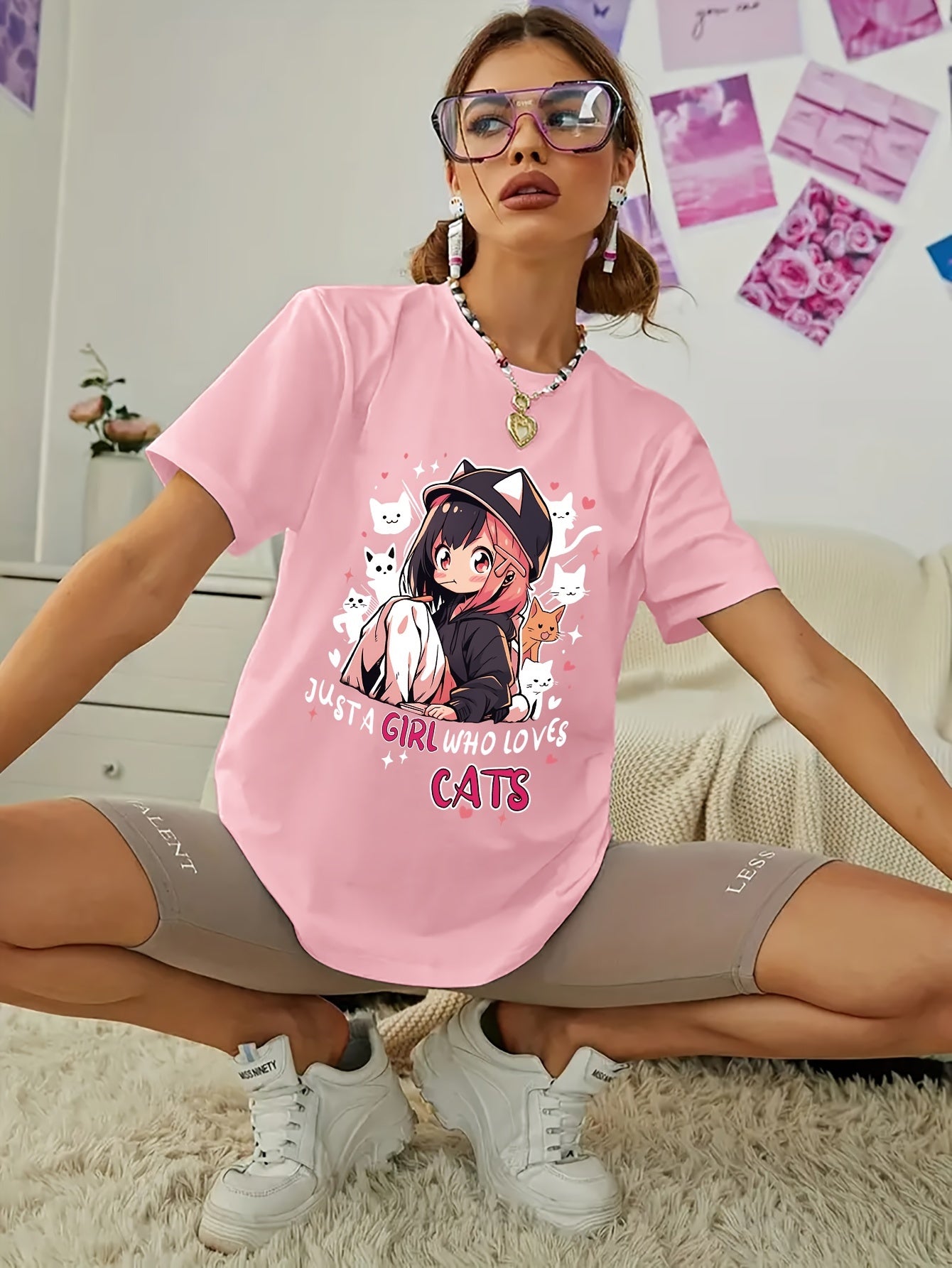 Women'S Anime Cat Lover Graphic T-Shirt - Black with Pink Lettering - Soft Stretchy Fabric Casual Everyday Tee - Cute Japanese Animation Shirt for Women - G7110, Allseason Apparel, Playful Design, Comfortable Fit, Streetwear