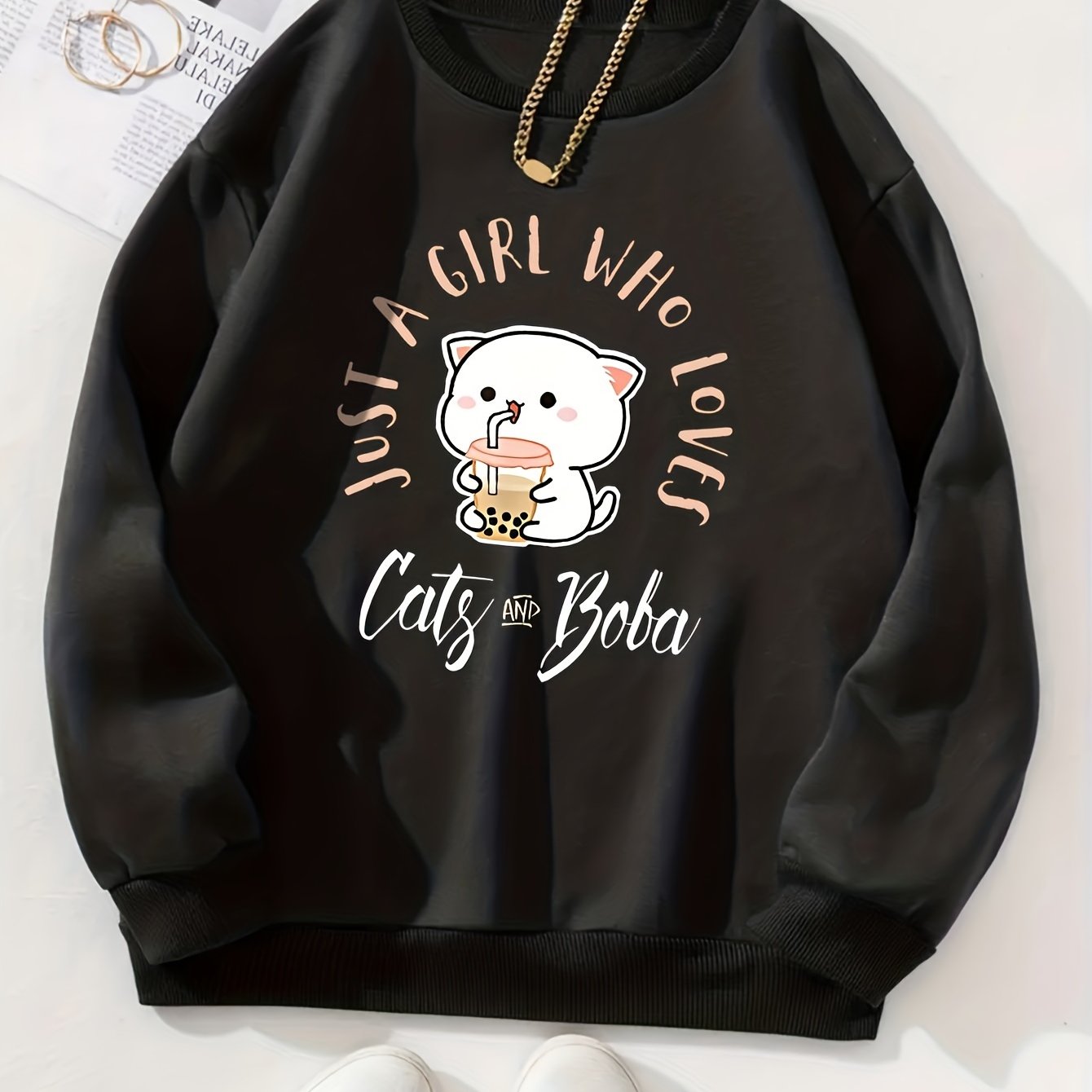 Cat Print Causal Round Neck Sports Sweatshirt, Fashion Long Sleeves Pullover Tops, Women's Activewear