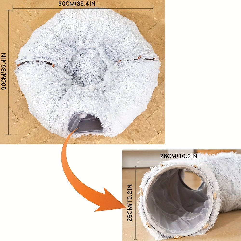 Plush 2in1 Cat Tunnel Bed | Winter Warm Donut-Style Cozy Nest with Enclosed Hideaway, Peekaboo Hole & Hanging Pom Pom Toy, Extra Thick Soft Pet Bed for Anxiety Relief and Deep Sleep, Non Slip Bottom, Perfect for Multi Cat Pla