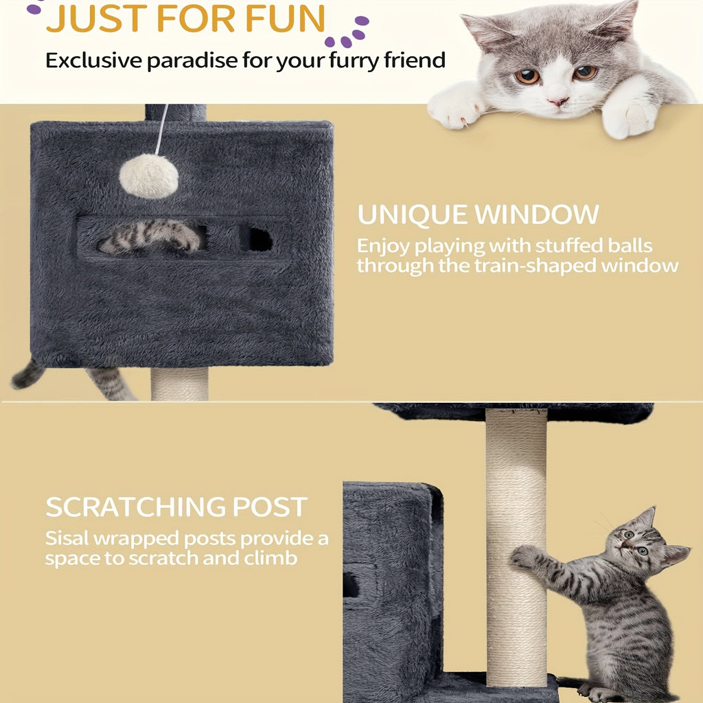 Hzuaneri 98cm Cat Scratching Post, Cat Tree, Kitten Scratching Post, Multi-layer Cat Scratching Post with Perches, Cat House Furniture with 2 Caves, Hemp Cat Scratching Post, Hammock, Cave, Dark Gray/Light Gray