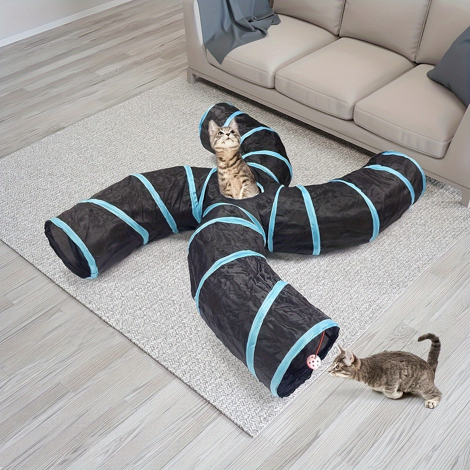 Large Collapsible Cat Tunnel with Play Ball & Interactive Peek Holes - Multi-Level Tunnel System for Indoor Cats, Kittens, Small Dogs - Heavy-Duty Tube with Blue Piping, Portable Hideout for Play & (Easy Assembly