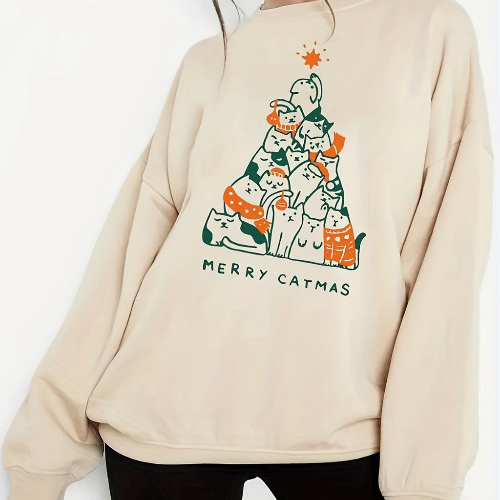Christmas Cute Cat Print Sweatshirt, Casual Crew Neck Long Sleeve Sweatshirt, Women's Clothing