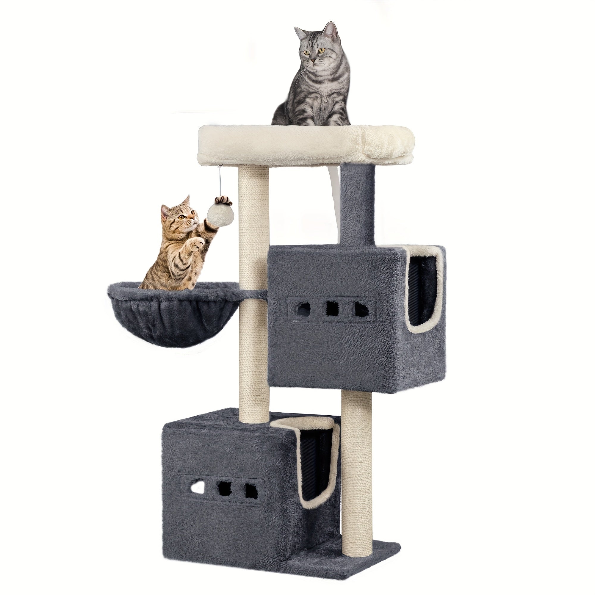 Hzuaneri 98cm Cat Scratching Post, Cat Tree, Kitten Scratching Post, Multi-layer Cat Scratching Post with Perches, Cat House Furniture with 2 Caves, Hemp Cat Scratching Post, Hammock, Cave, Dark Gray/Light Gray