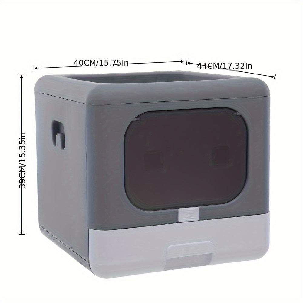 Cat Litter Tray Box: Foldable Top Entry Large Cats Toilet With Lid - Hooded Kitten Litter Tray Easy Cleaning Drawer Design With Scoop Grey