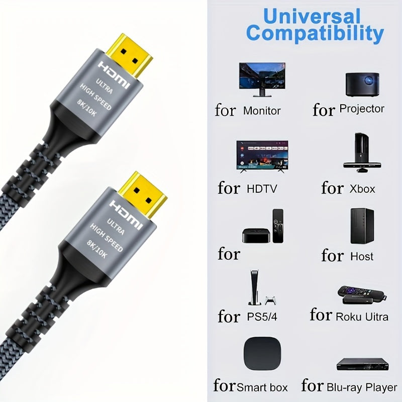 48Gbps 8K HDMI Cable 2.1 - High-Speed Hdmi Braided Cord for 4K@120Hz 8K@60Hz, DTS:X, HDR 10, HDCP 2.2 & 2.3 Compatible - Roku TV, PS5, PS4, HDTV, RTX 3080, RTX 3090, Blu-ray Ready with Cat 8 Ethernet Cable and Uncharged Power
