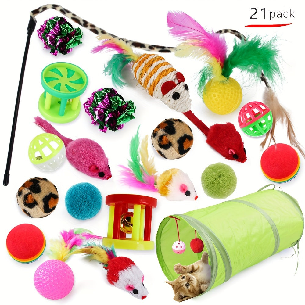 Cat Toys Kitten Toy Tunnel, 21 PCS Indoor Interactive Toy, Collapsible Cats Tunnels, Interactive Feather Toy Fluffy Mouse Crinkle Balls Toys