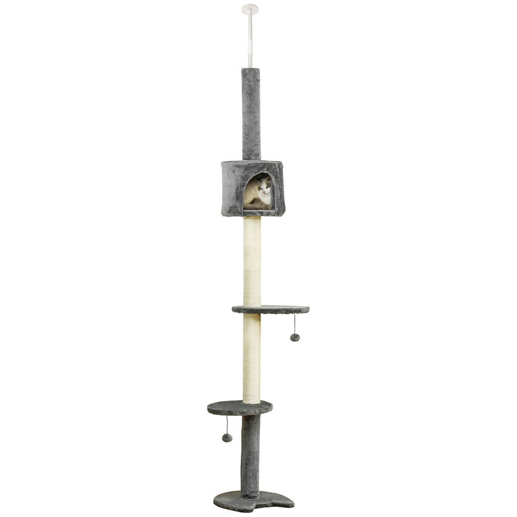 Floor to Ceiling Cat Tree for Indoor Cats, Kitten Tower, Condo, Multi-Layer Activity Center, Indoor Pet Play House with Solid Scratching Post Hanging Balls, Light Grey
