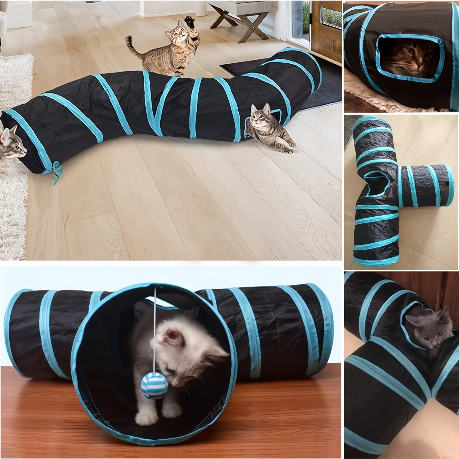 Large Collapsible Cat Tunnel with Play Ball & Interactive Peek Holes - Multi-Level Tunnel System for Indoor Cats, Kittens, Small Dogs - Heavy-Duty Tube with Blue Piping, Portable Hideout for Play & (Easy Assembly