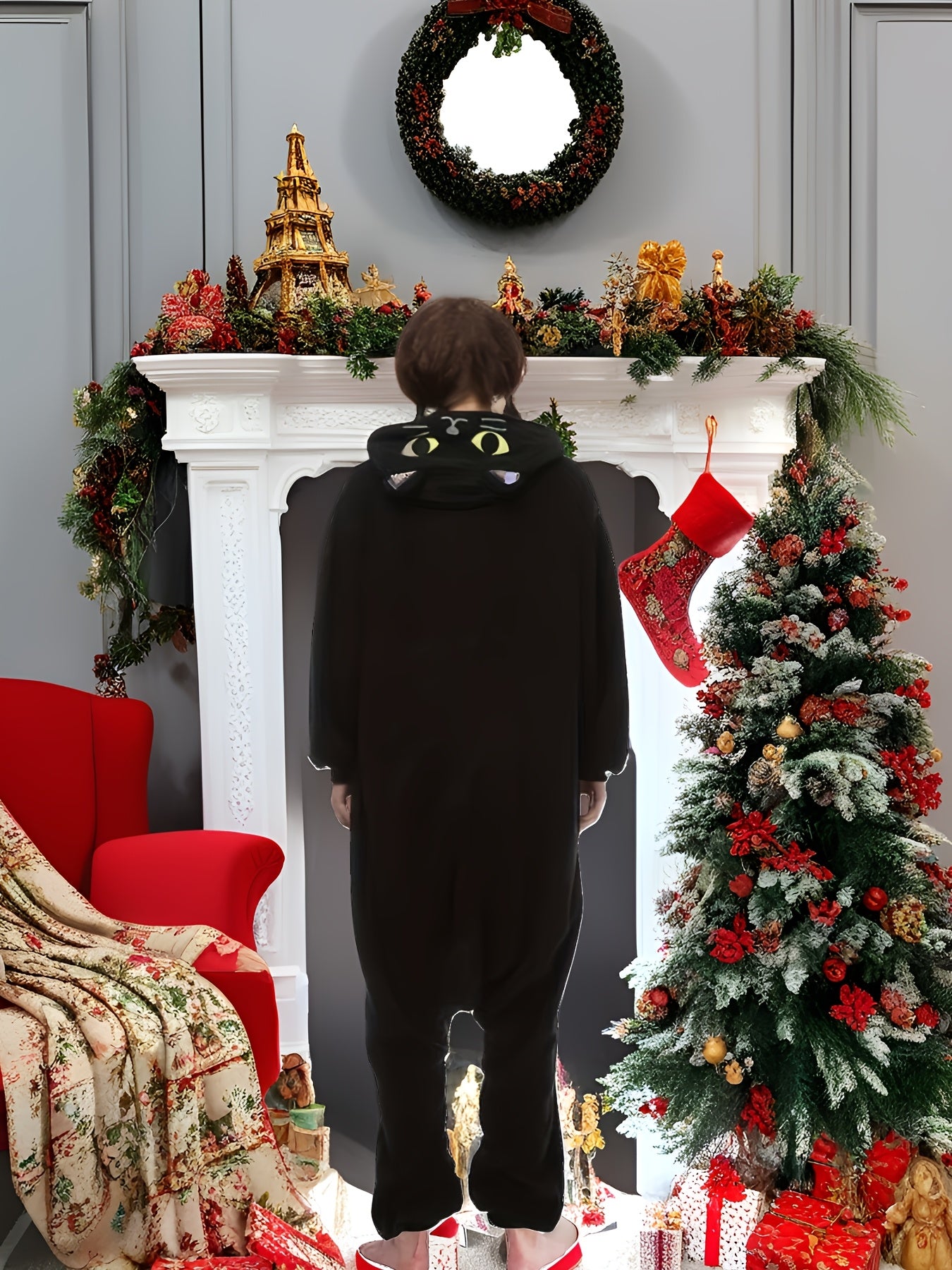 Adult Fleece Christmas Onesie, Long Sleeve Cat Romper with Crew Neck and Button Details, 100% Polyester Knit Fabric, Solid Color Party Costume for Men and Women, Winter Season