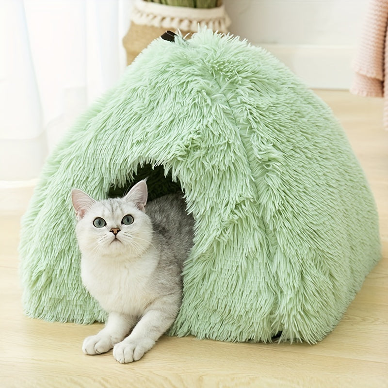 Long Plush Cozy Cat Cave Bed - Soft Polyester Pet House with Non-Slip Bottom, Removable Washable Pads & Arched Entrance Tunnel for Warmth & Comfort, Cute Hideout for Kittens & Cats, Pet Relaxation Space | Cute Cat Cave | Fluf