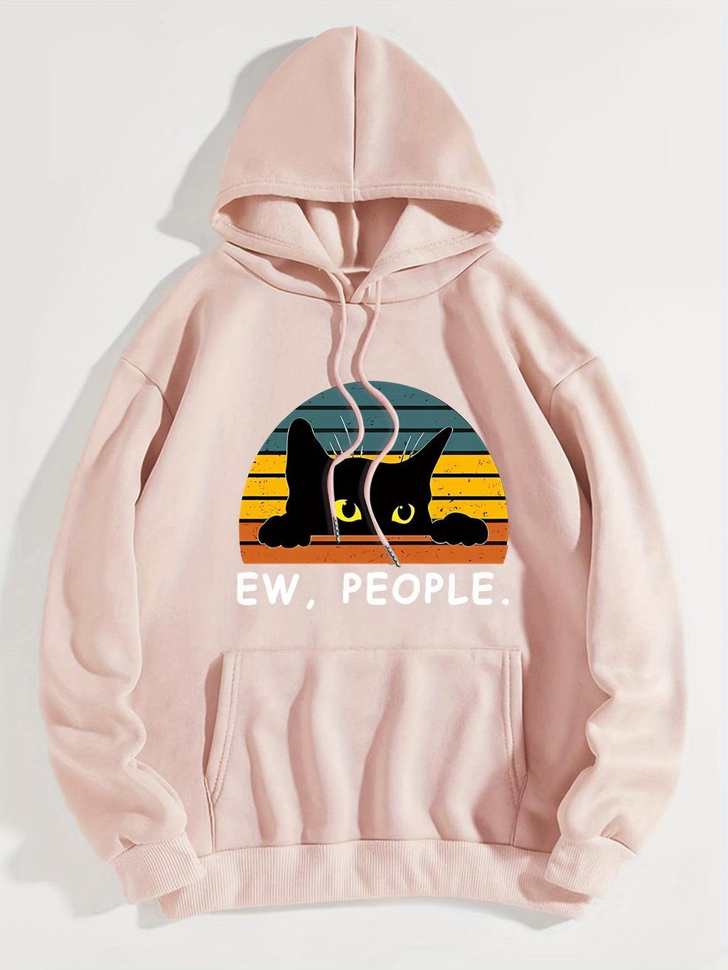 Cozy Cat Print Hoodie with Kangaroo Pocket - Perfect for Chilly Days, Comfortable & Easy Care Casual Wear for Women