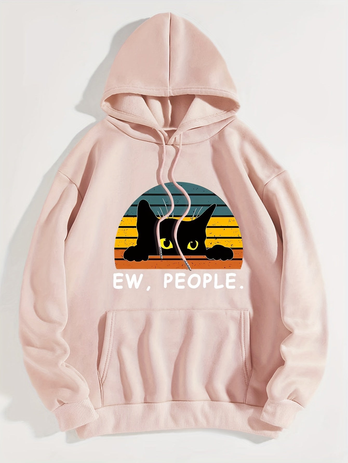 Cozy Cat Print Hoodie with Kangaroo Pocket - Perfect for Chilly Days, Comfortable & Easy Care Casual Wear for Women