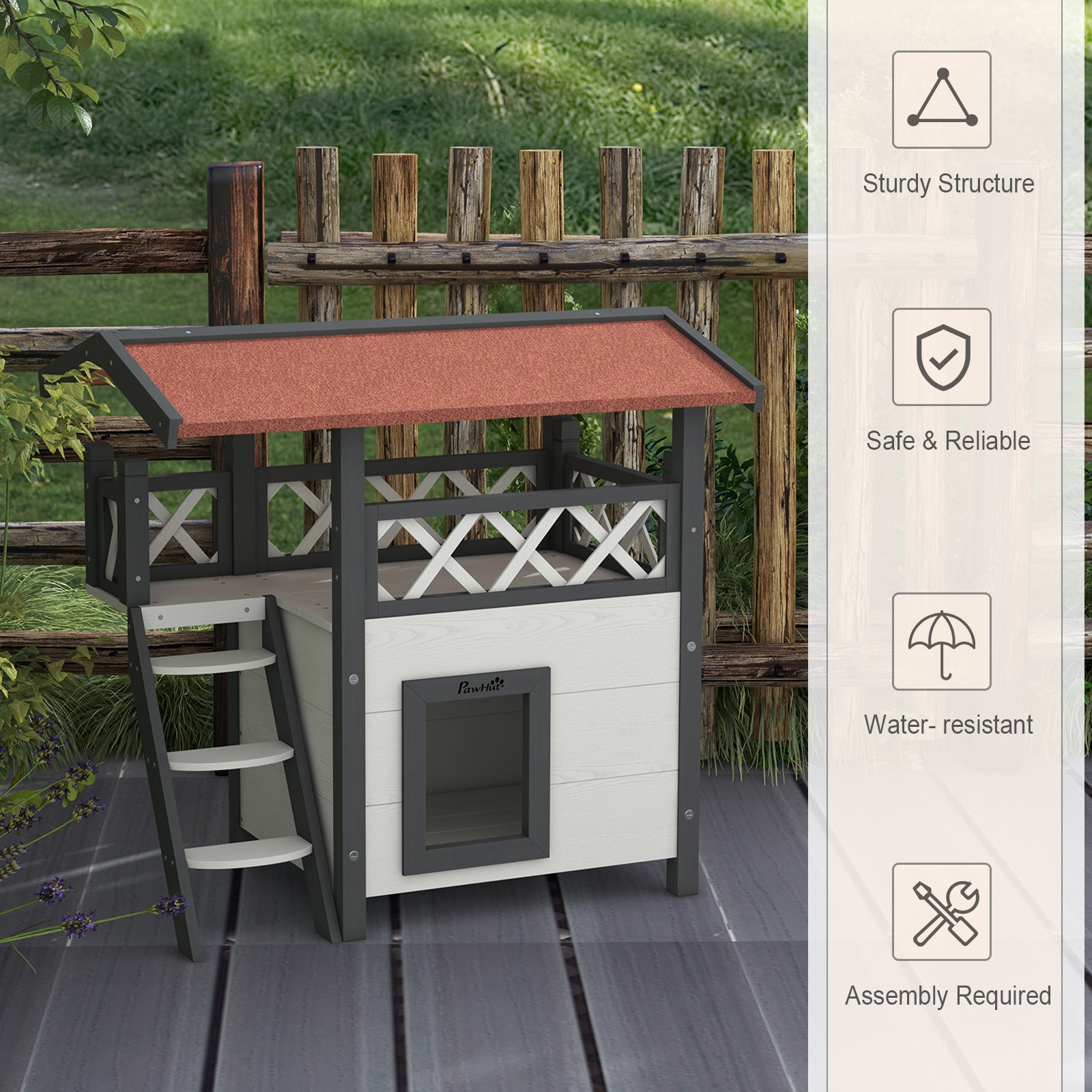 Outdoor Cat House Kitten Shelter Puppy Kennel with Balcony Stairs Asphalt Roof, 77 x 50 x 73 cm