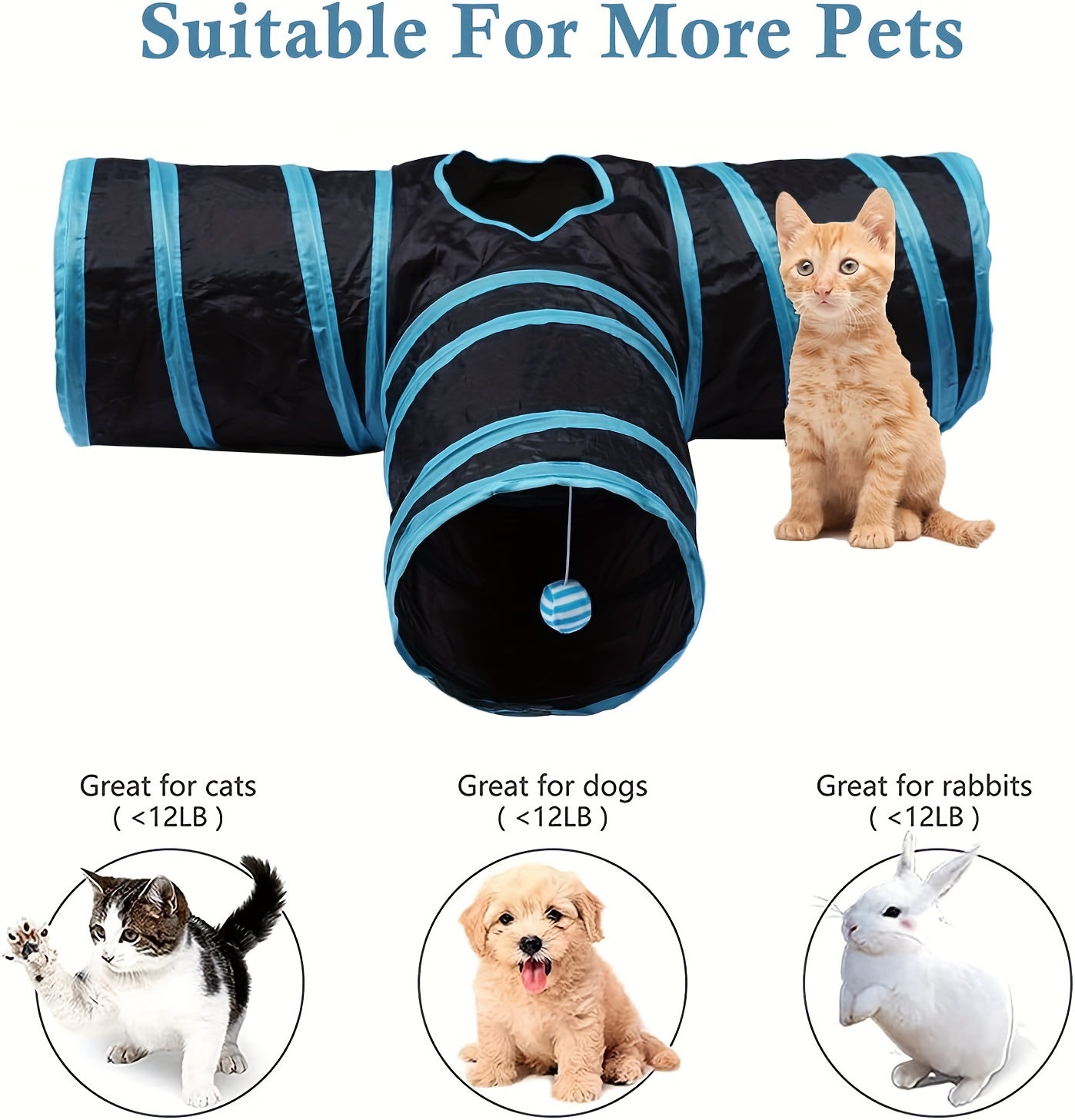 Large Collapsible Cat Tunnel with Play Ball & Interactive Peek Holes - Multi-Level Tunnel System for Indoor Cats, Kittens, Small Dogs - Heavy-Duty Tube with Blue Piping, Portable Hideout for Play & (Easy Assembly