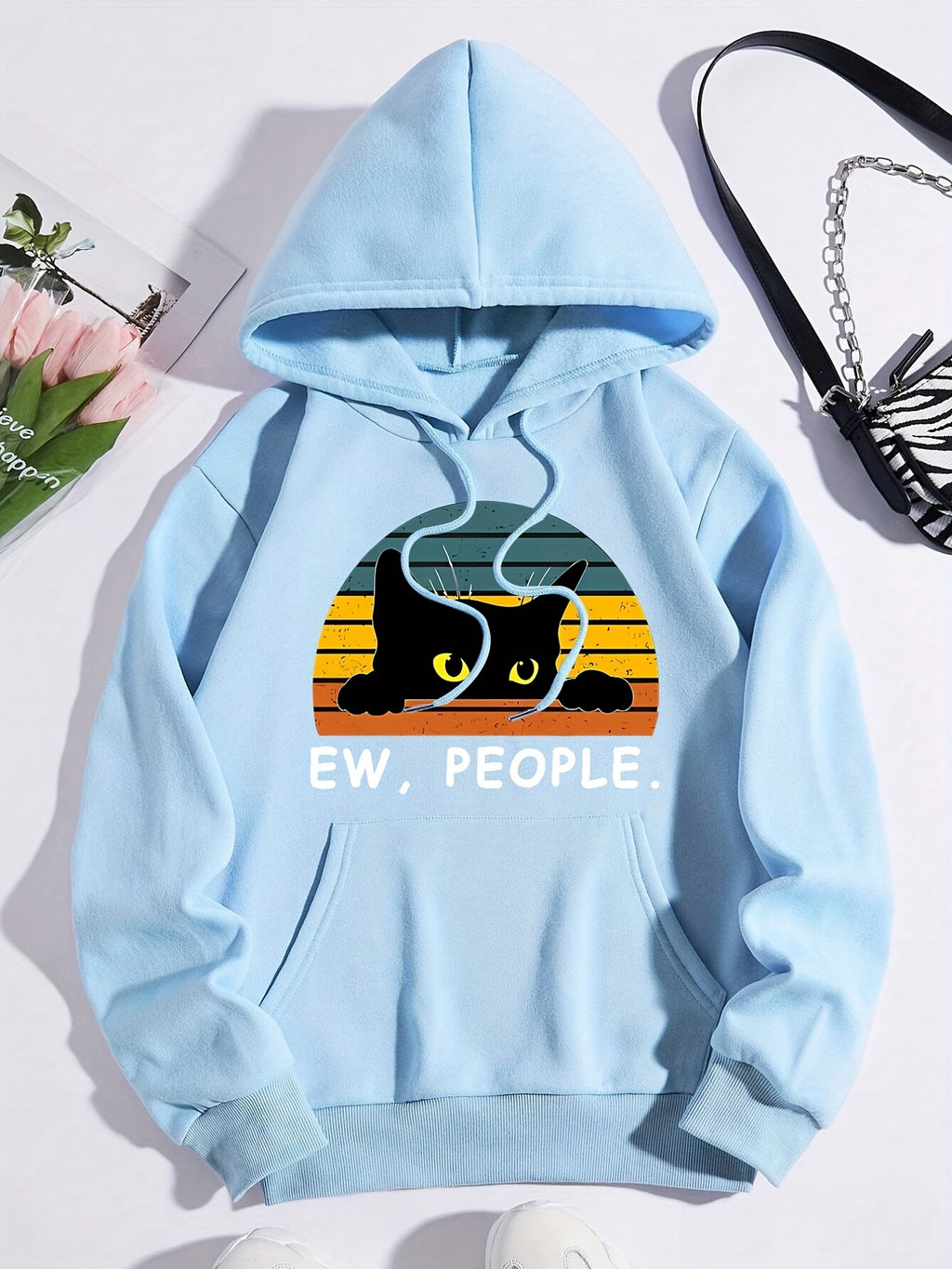 Cozy Cat Print Hoodie with Kangaroo Pocket - Perfect for Chilly Days, Comfortable & Easy Care Casual Wear for Women