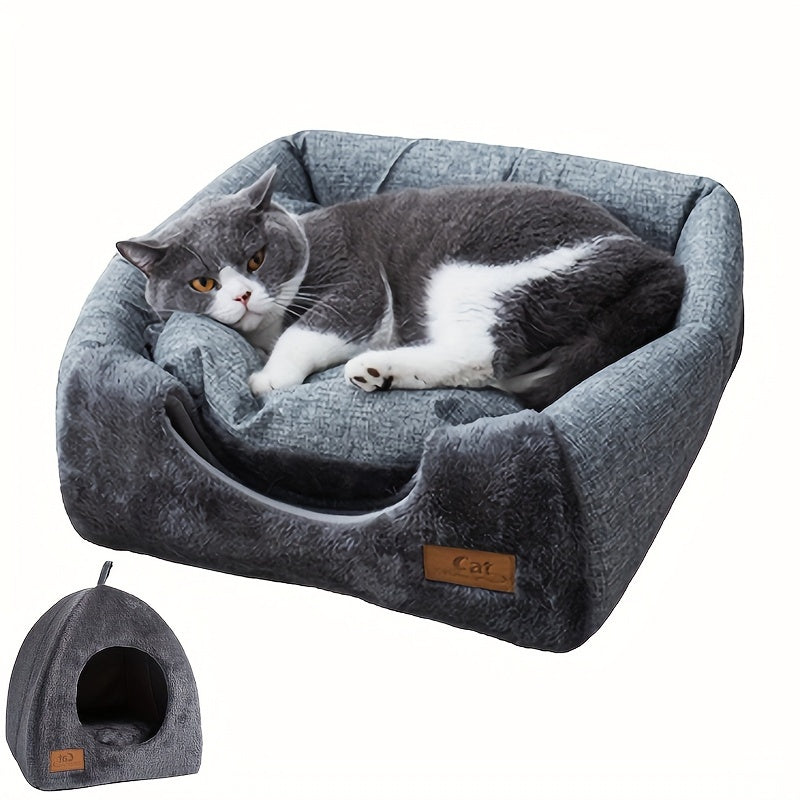Foldable Plush Cat Cave - Classic Semi-Enclosed Nest with Soft Cushion Pad for Warmth, Comfort, and Privacy