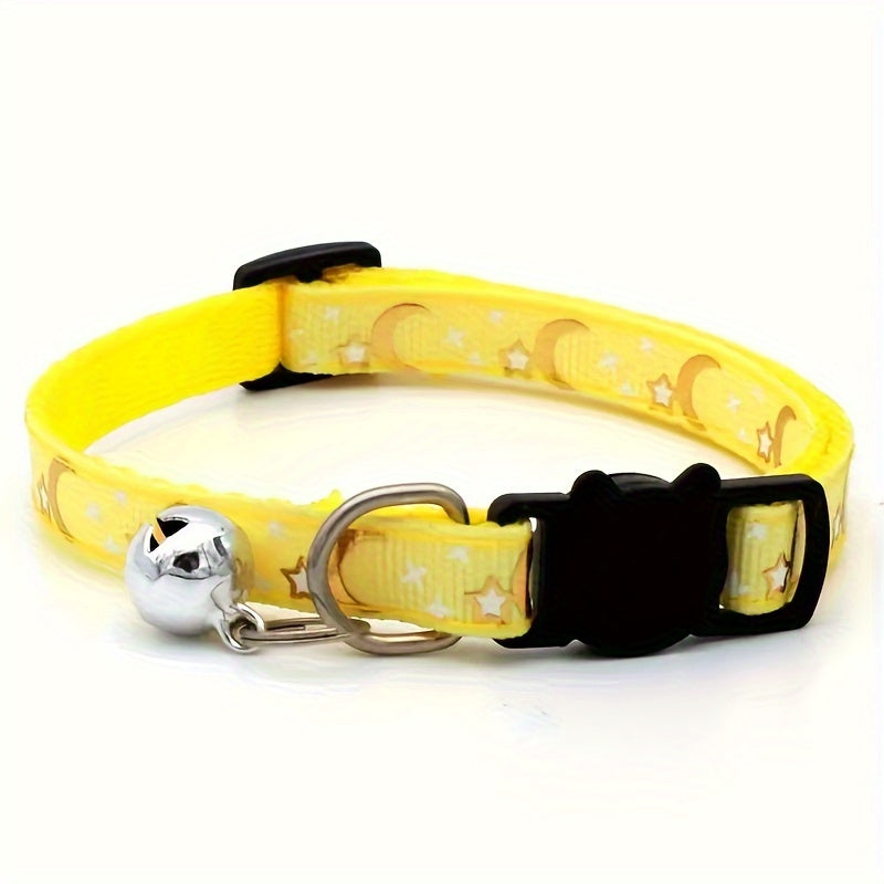 Stylish Adjustable Breakaway Cat Collar with Bell - Polyester Geometric Moon Star Pattern Necklace - Durable, Comfortable, and Safe for Your Feline Friend