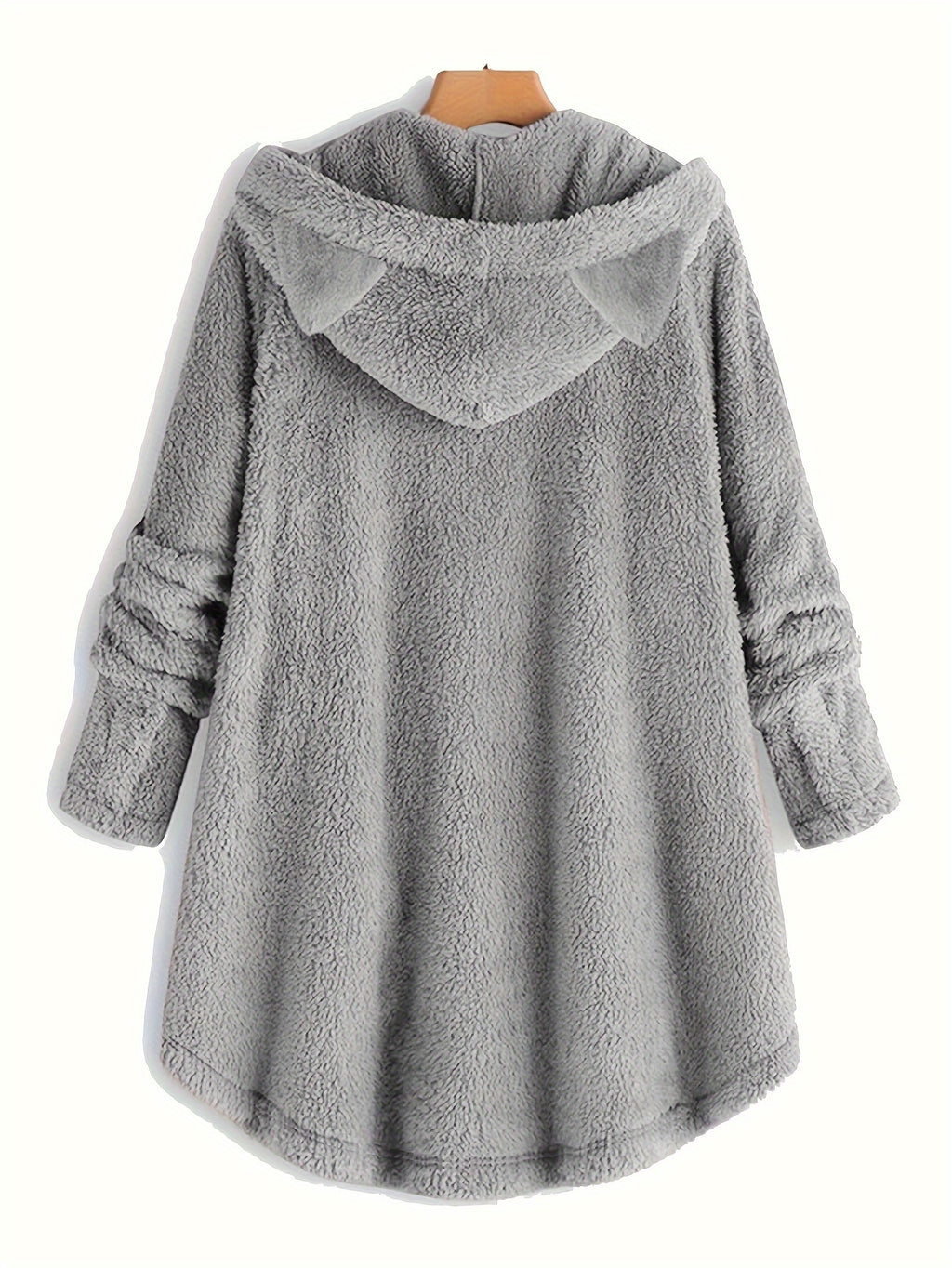 Cat Print Dipped Hem Plush Hoodie, Casual Long Sleeve Button Hoodie Sweatshirt, Women's Clothing
