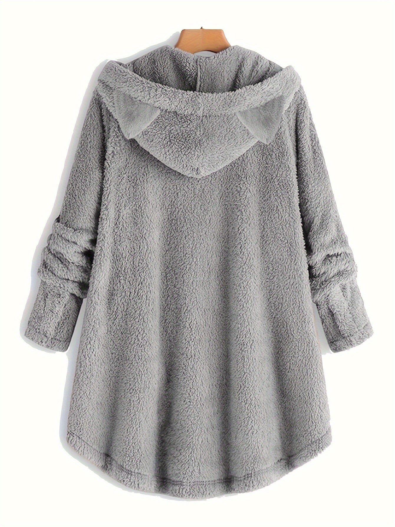Cat Print Dipped Hem Plush Hoodie, Casual Long Sleeve Button Hoodie Sweatshirt, Women's Clothing