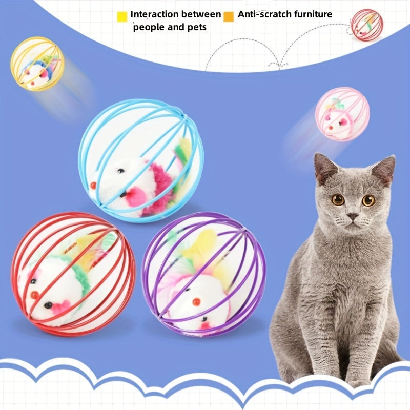 Interactive Pet Cat Ball Cage Toy With Simulated Plush Mouse Inside, Caged Rat Scratch Ball Kitten Gifts - Assorted Color