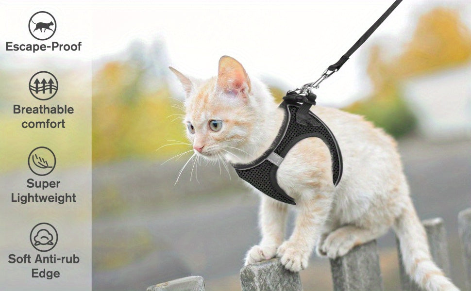 Escape-Proof Cat Harness & Leash Set: Reflective Soft Mesh Vest For Safe Outdoor Walks With Your Kitten