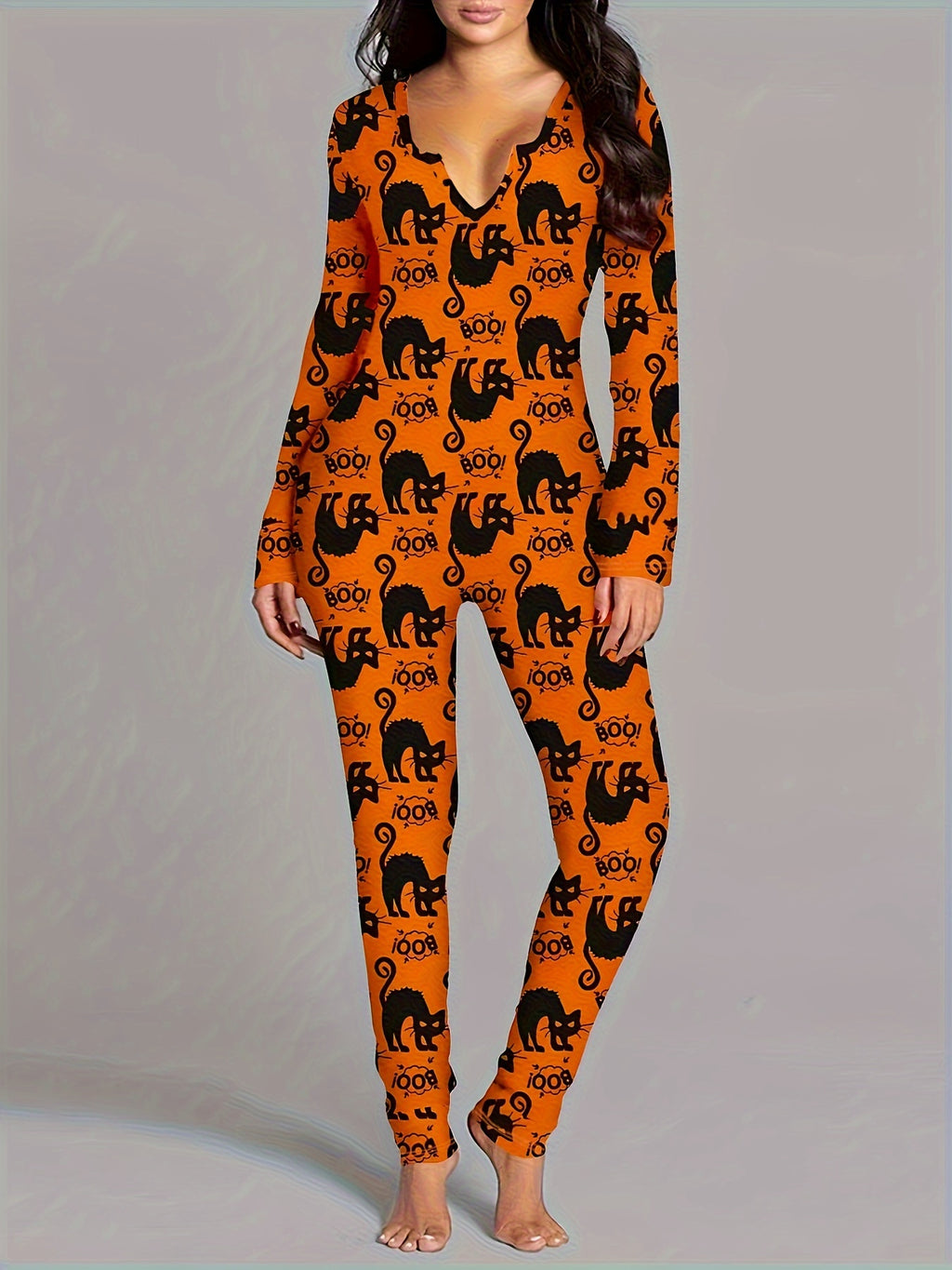Whimsical Halloween Cat Print Unitard - Soft Mid-Elasticity Polyester Jumpsuit with V-Neck, Long Sleeves, and Casual Style - Perfect for Spring and Fall Seasons