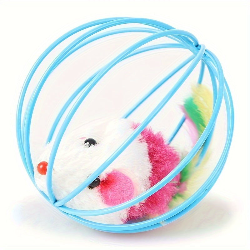 Interactive Pet Cat Ball Cage Toy With Simulated Plush Mouse Inside, Caged Rat Scratch Ball Kitten Gifts - Assorted Color