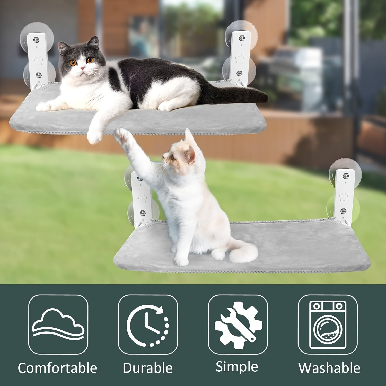 [Gray Cat Window Perch] Foldable Gray Cat Window Perch Hammock with Iron Frame and Strong Suction Cups, Indoor Cat Bed Seat