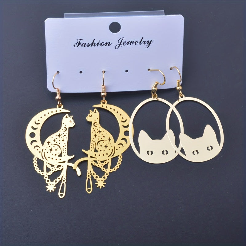 2 Pairs/Set Whimsical Black Cat Moon Hanging Pendant Earrings - Fashionable Golden Color Drop Earrings Jewelry with Lovely Animal Design - Ideal Gift Choice for Girls and Cat Lovers